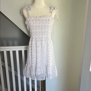 Blue Rain White Floral Smocked Sundress